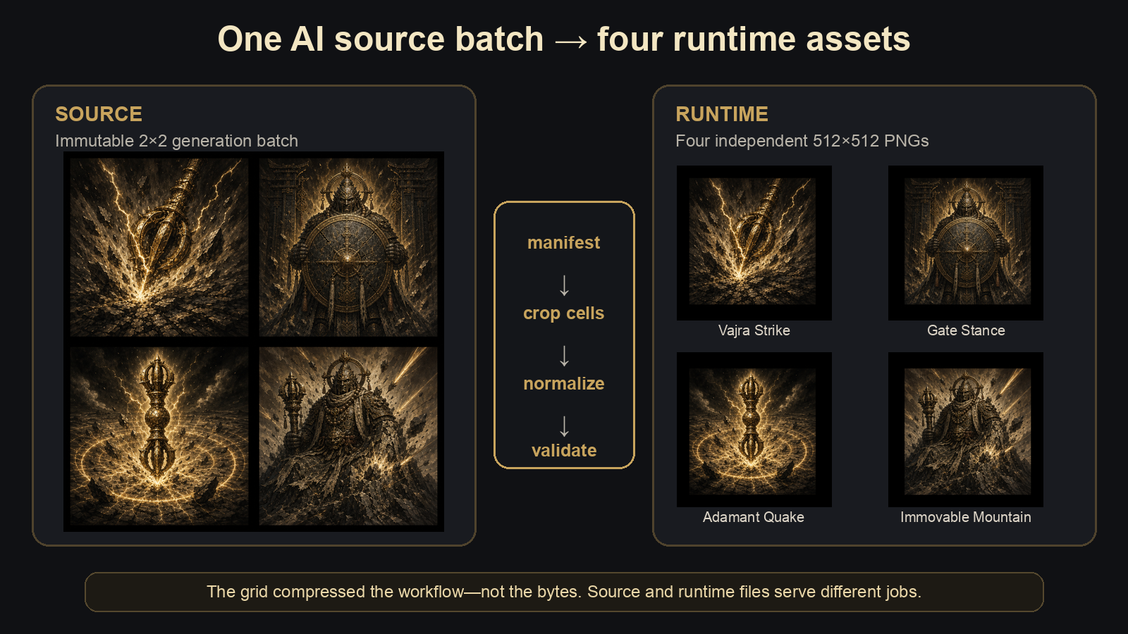 Diagram of one source grid becoming four independent runtime icons